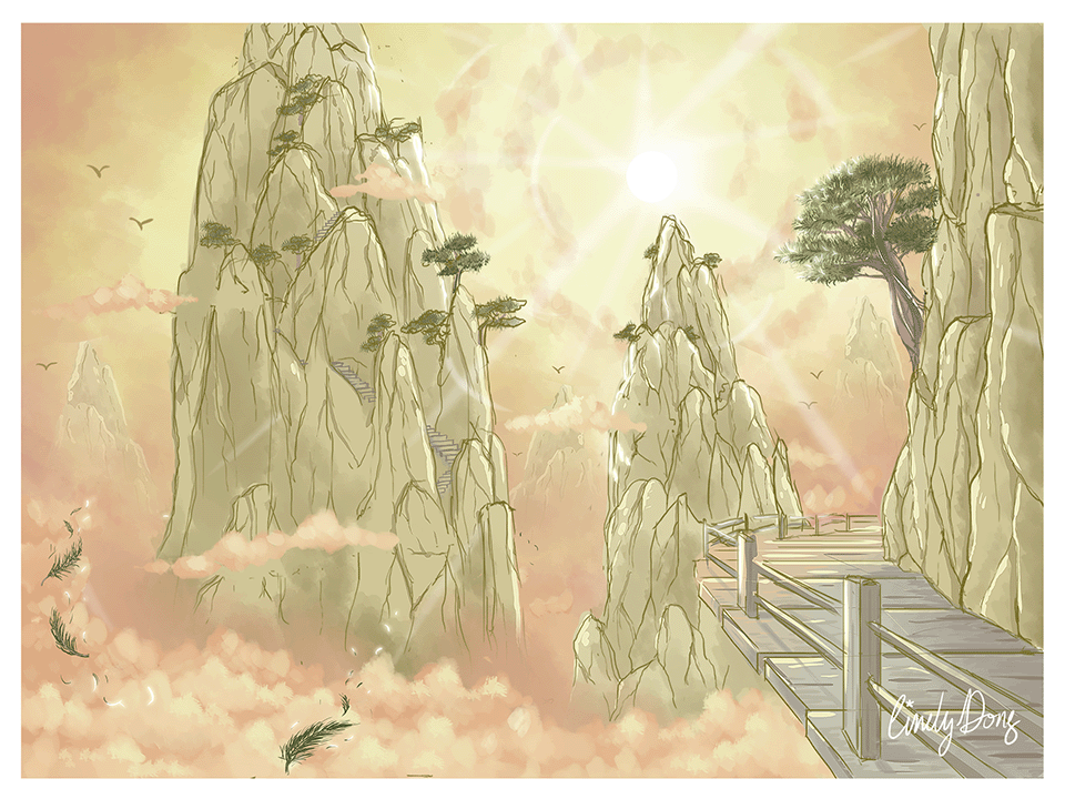 An illustration containing shining sun, a series of tall mountains with pine trees surrounded by fog and clouds