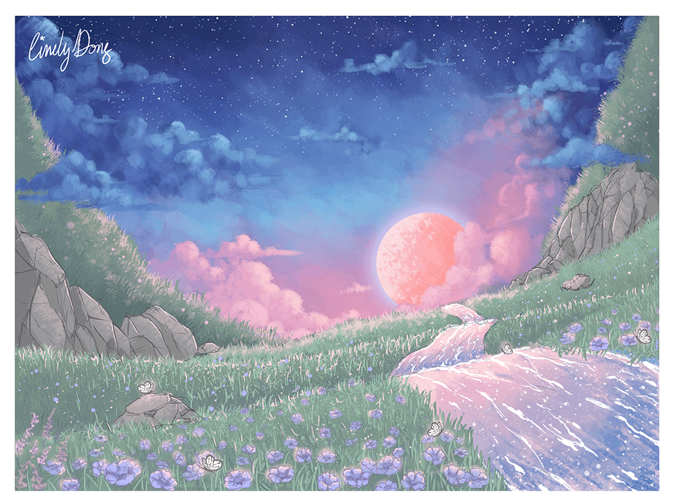 an image containing a valley and a field of purple flowers, cut by a flowing stream under a dusk sunset