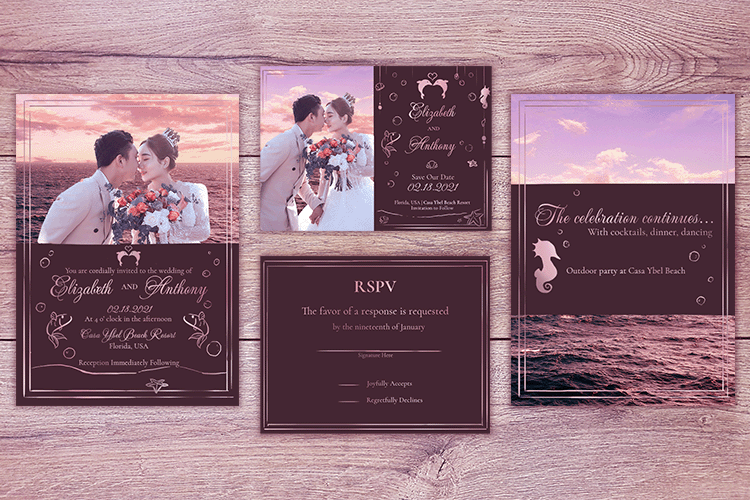 an image of a wedding invitational package consisting of the invitation card, save the date, rspv, reception with a coral-ish colored wood background