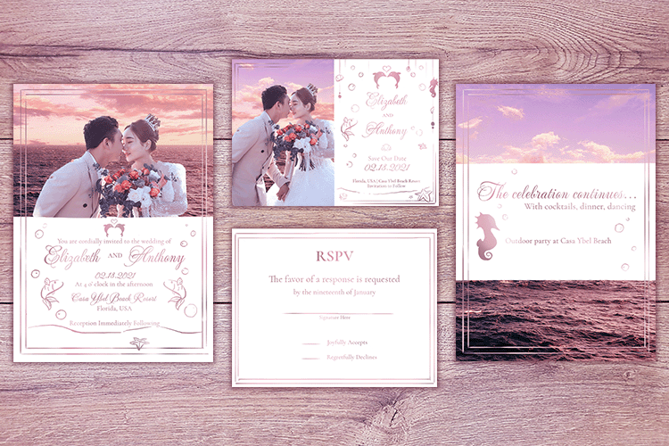 an image of a wedding invitational package consisting of the invitation card, save the date, rspv, reception with a coral-ish colored wood background