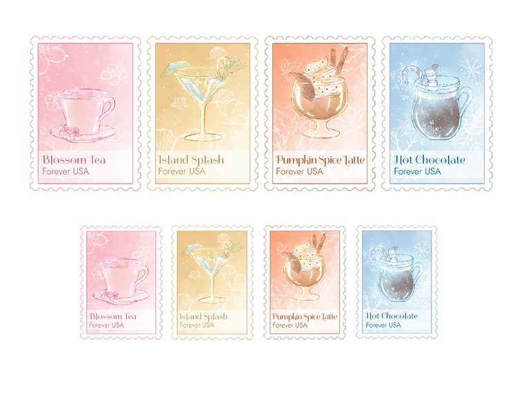 an image containing all of the stamp in the stamp series including spring, summer, fall, and winter, with a big set and a smaller set.