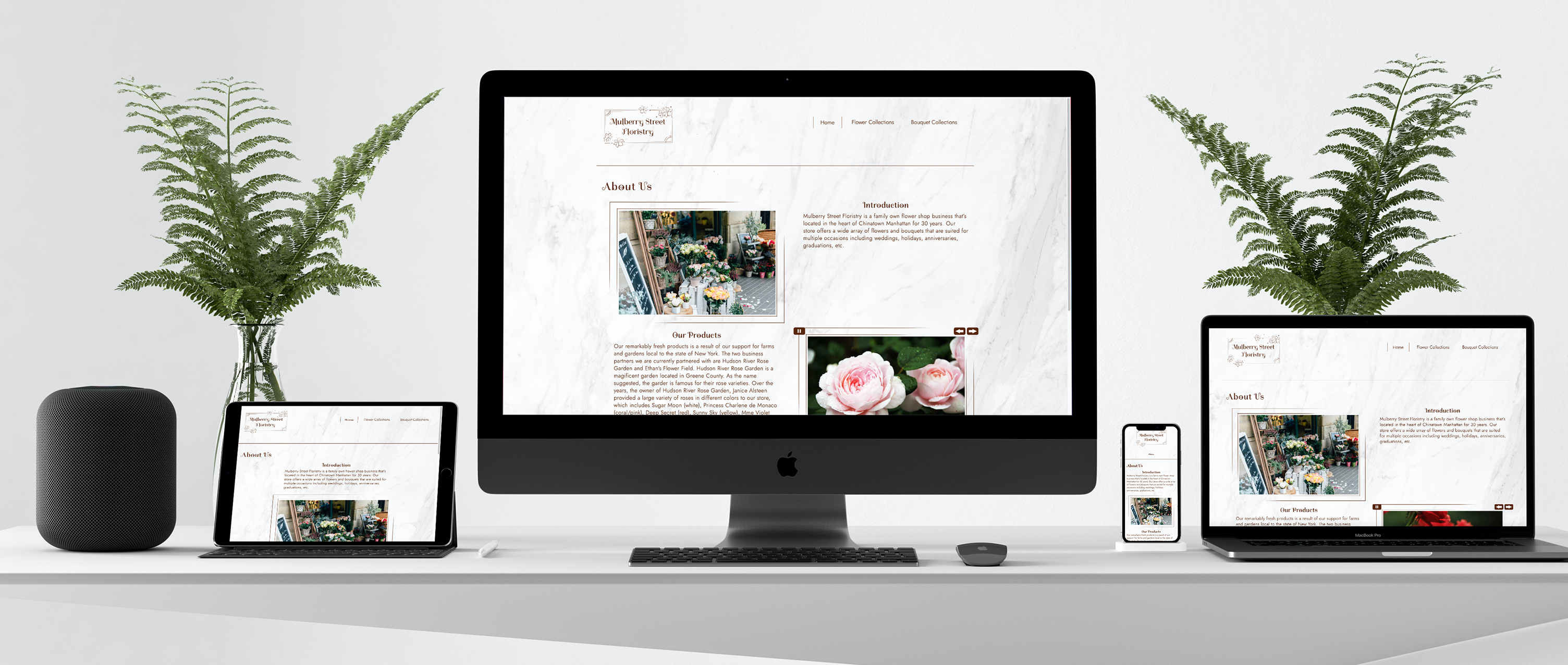 an image containing mockups of the mulberry street floristry website. It has an imac screen, ipad screen, and a iphone screen.