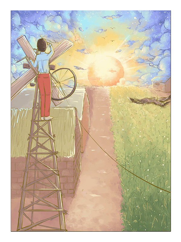 a digital illustration that contains a boy looking towards the rising sun while standing ontop of a wooden windmill.