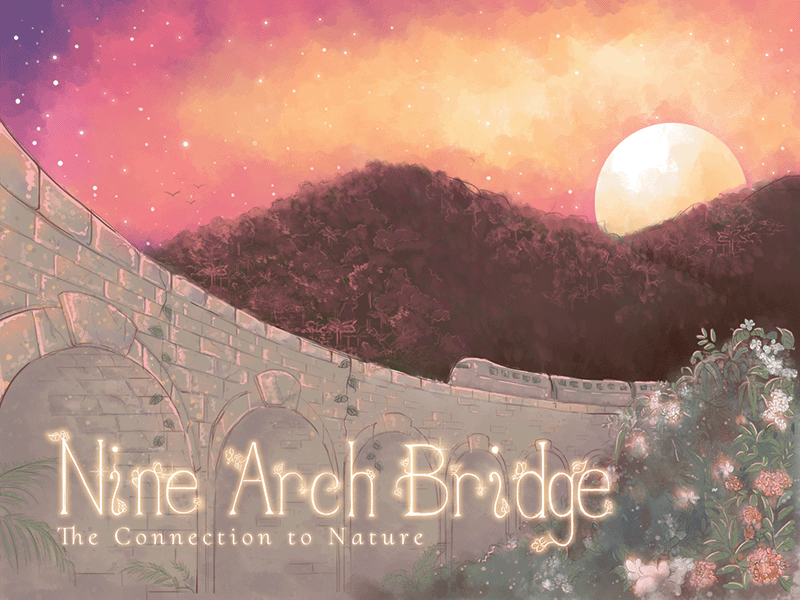 an image of  the nine arch bridge inspired illustration containing a bridge under a bright orange and pinkish sunset. It also has plants with coral highlights in the foreground