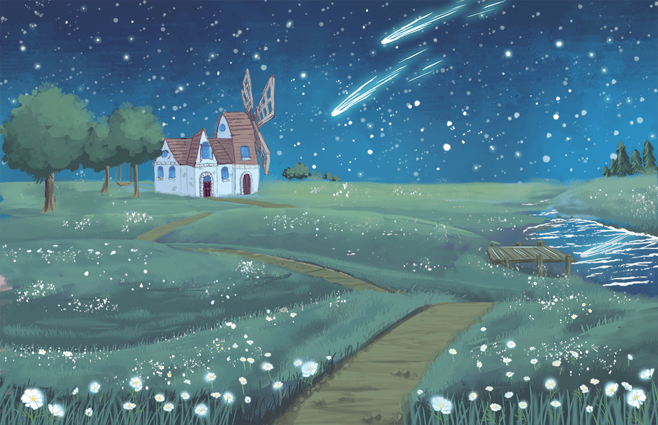 an image of cosmo flower field landscape digital illustration under a starry night sky