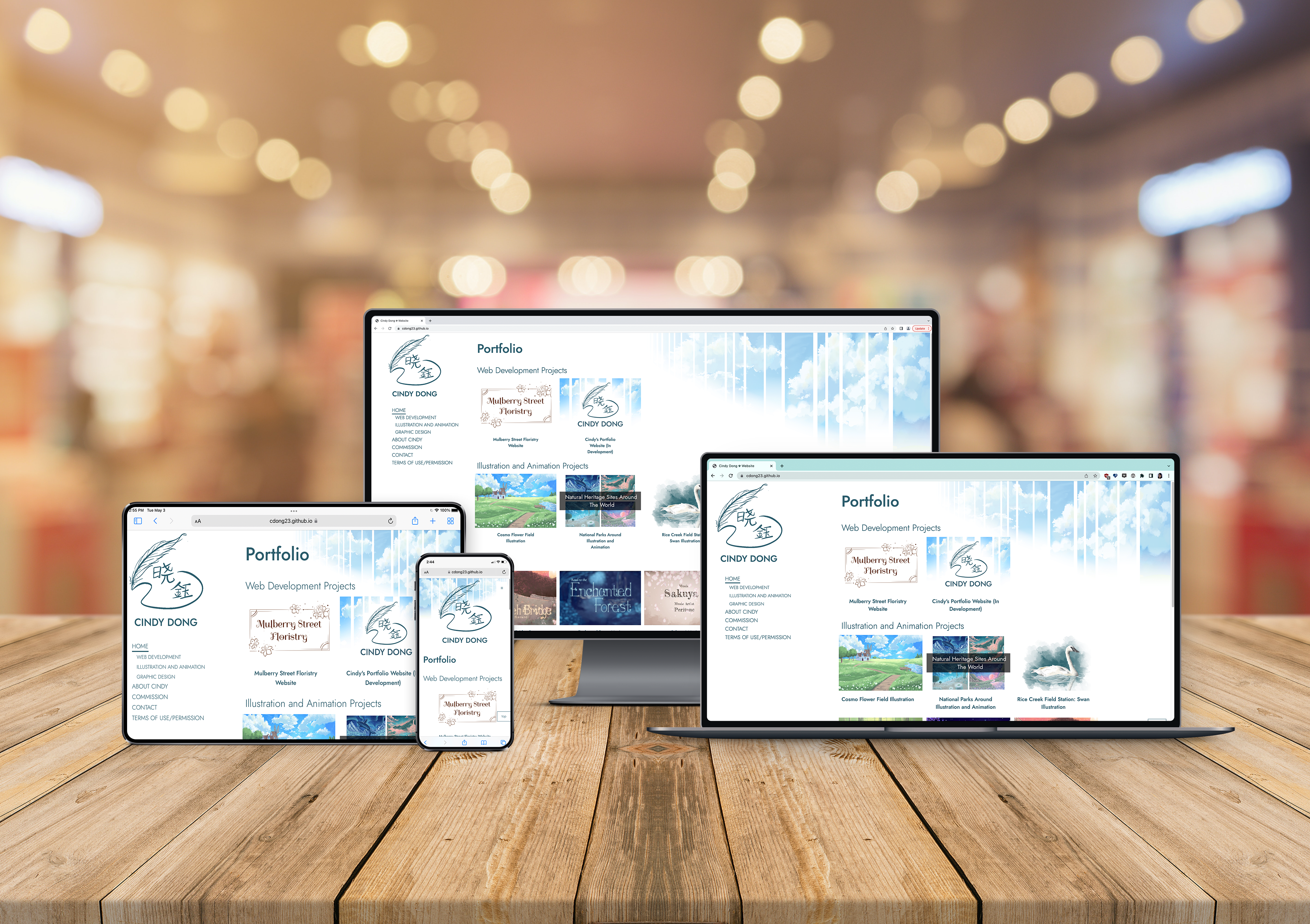 an image containing mockups of Cindy's portfolio website. It has an imac screen, ipad screen, and a iphone screen.