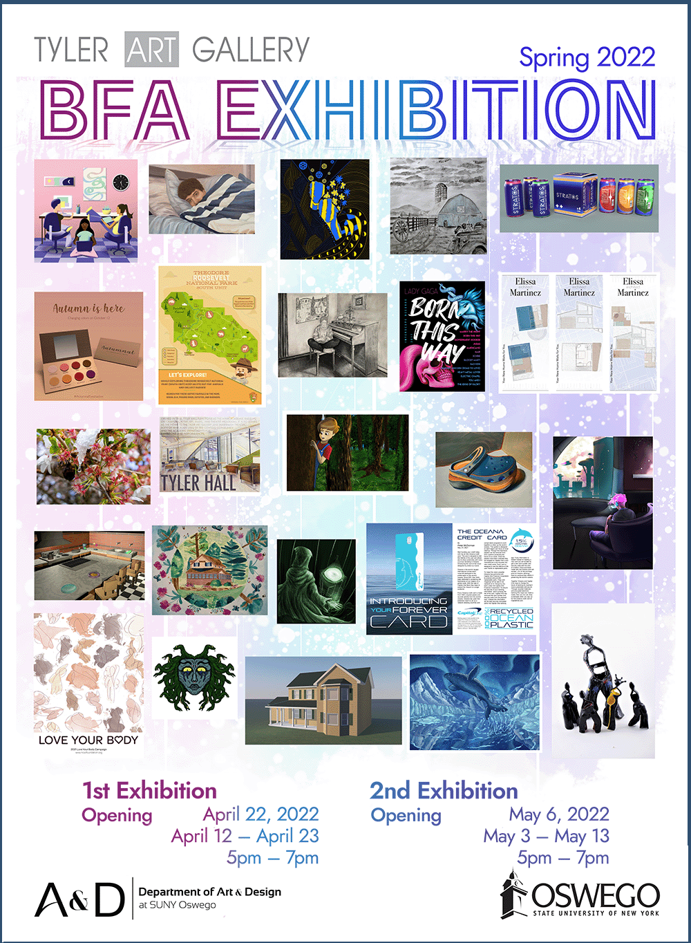 an image containing pastel colored background consisted of pink,blue,and purple. The text reads BFA Exhibition followed by thumbnails of student work and the dates for the exhibition.
                            The reception for the first exhibition was April 22, 2021 from 5pm to pm. The exhibition works was be on display from April 12 to April 23. The second exhibition reception was on May 6, 2022 from 5pm to 7pm.  The exhibition works was on display from May 3rd to May 13.