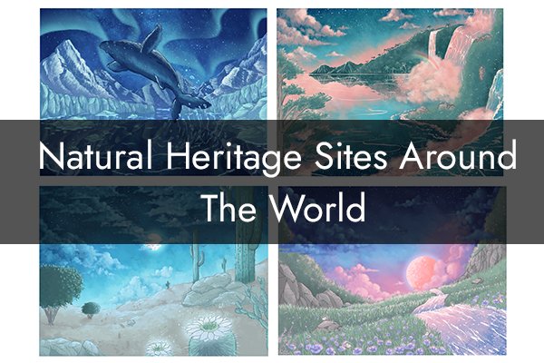 a thumbnail sized image containing several national parks inspired illustration along with 'natural heritage site around the world' title