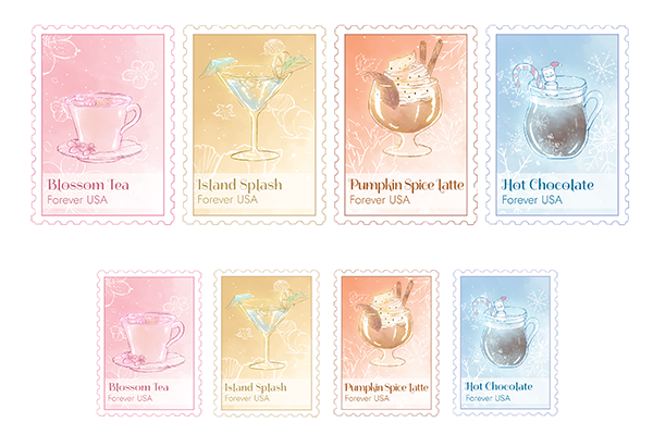 a thumbnail sized image of postage stamp series for seasonal drinks.