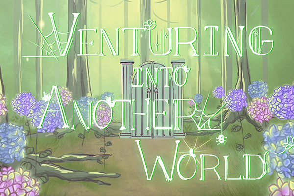 a thumbnail sized image of a green forest with a door in the center surrounded by blue,pink, and purple hydrangea flowers. The title text says Venturing into another world