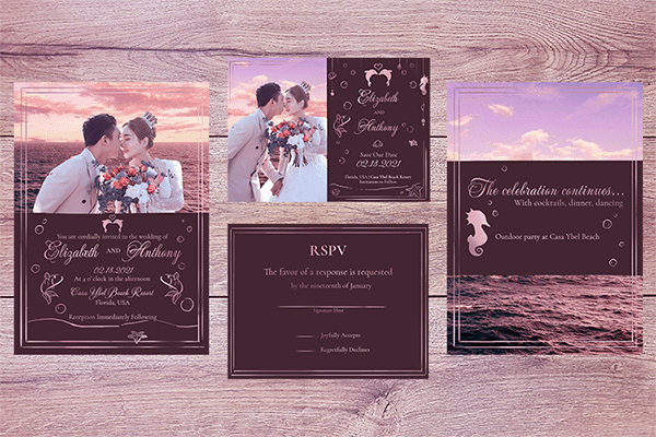 a thumbnail sized image of a wedding invitational package consisting of the invitation card, save the date, rspv, etc with a coral-ish colored wood background