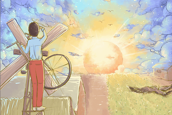 a thumbnail sized image of part final illustration of the main character from the boy who harnessed the wind standing on top of a windmill looking towards the rising sun